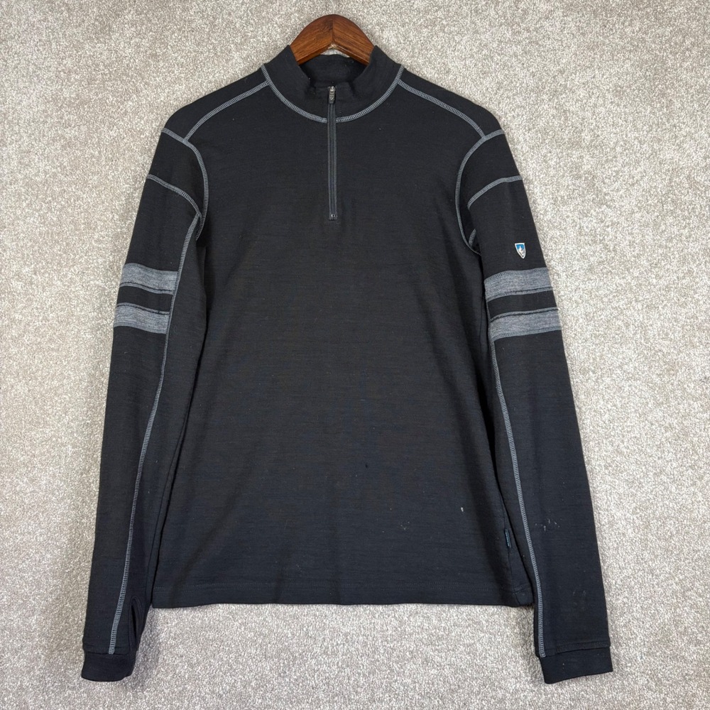 Kuhl Mens Team Quarter Zip Merino Wool Pullover Black Grey Thumbhole Long Sleeve